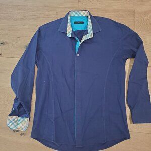 Mens Envy Navy Dress Shirt Accent Western Stitching With Plaid Trim XL